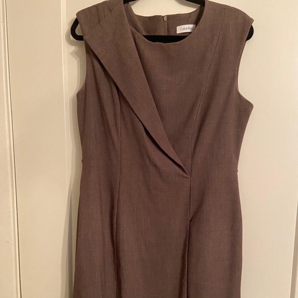 Brown Calvin Klein sleeveless dress with front pleat detail, size 12, CK dress